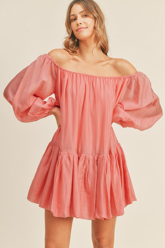 Life of the Party Off the Shoulder Puffy Mini Dress (Pink)