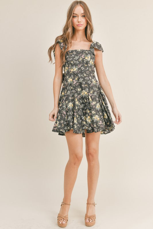 Jayde Floral Print Ruffle Mini Dress (Black)